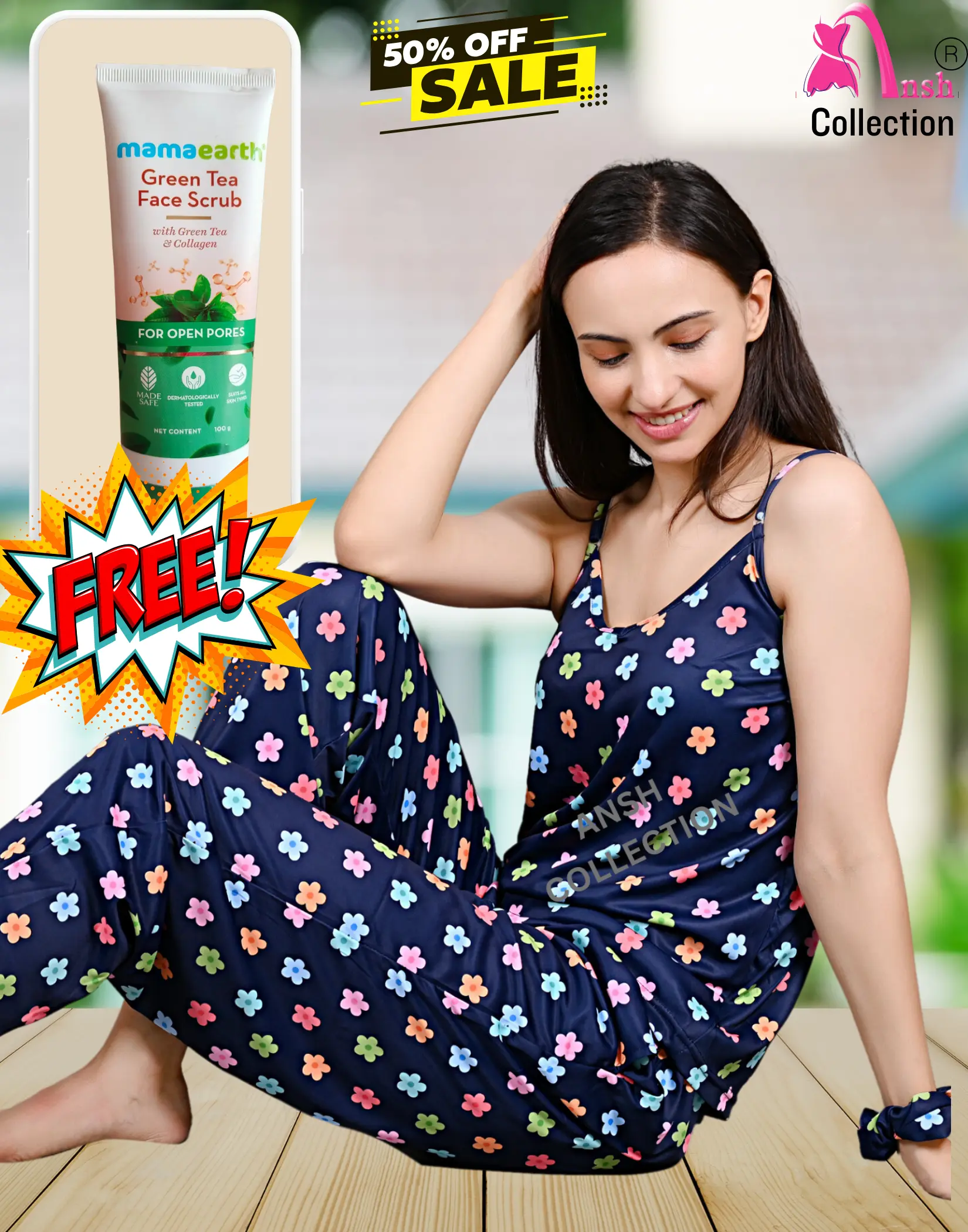 Stylish cami top and pyjama with free Mama earth Green Tea Face Scrub- 100 g