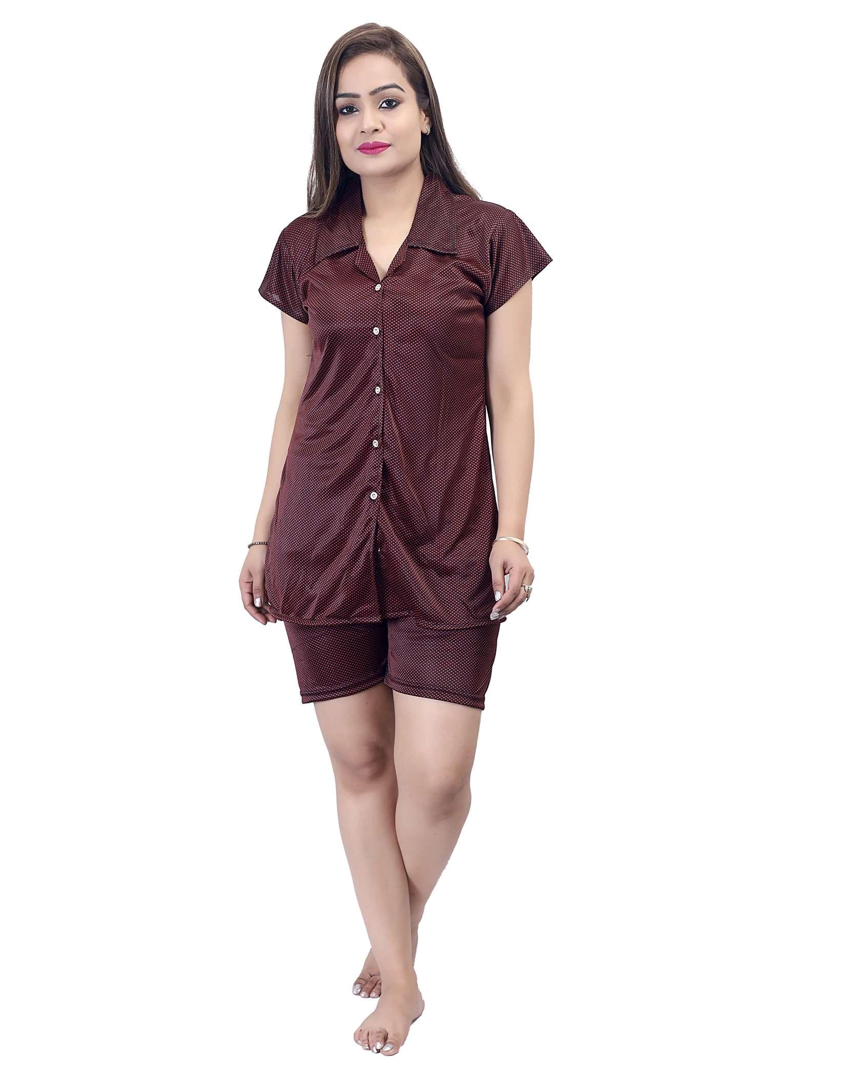 Dot Printed Satin Shirt & Short Set Night Dress