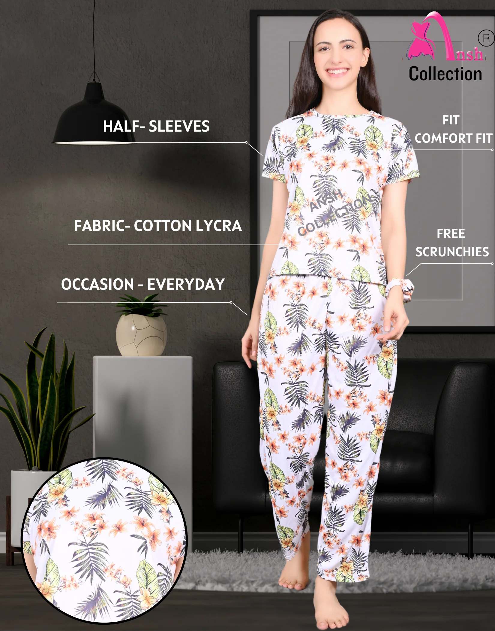 Trendy night suit round neck t shirt with pajama